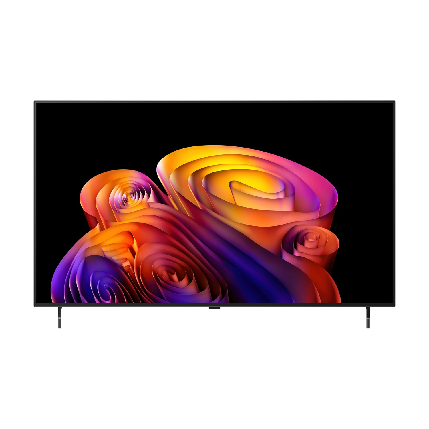 Un televisore moderno con un motivo astratto colorato su sfondo nero.