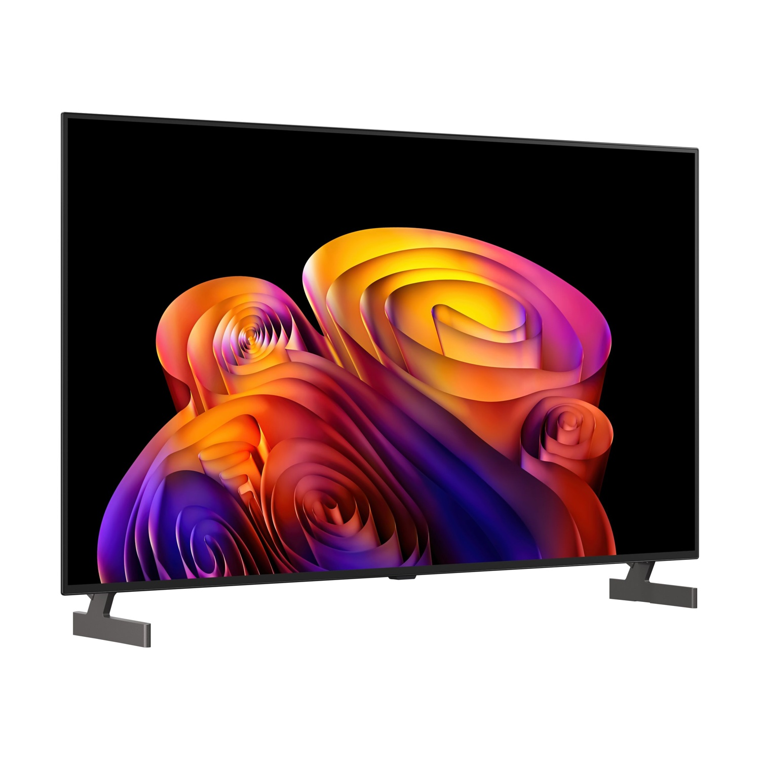 Una TV moderna a schermo piatto con colori astratti vivaci e piedini argentati su sfondo bianco.