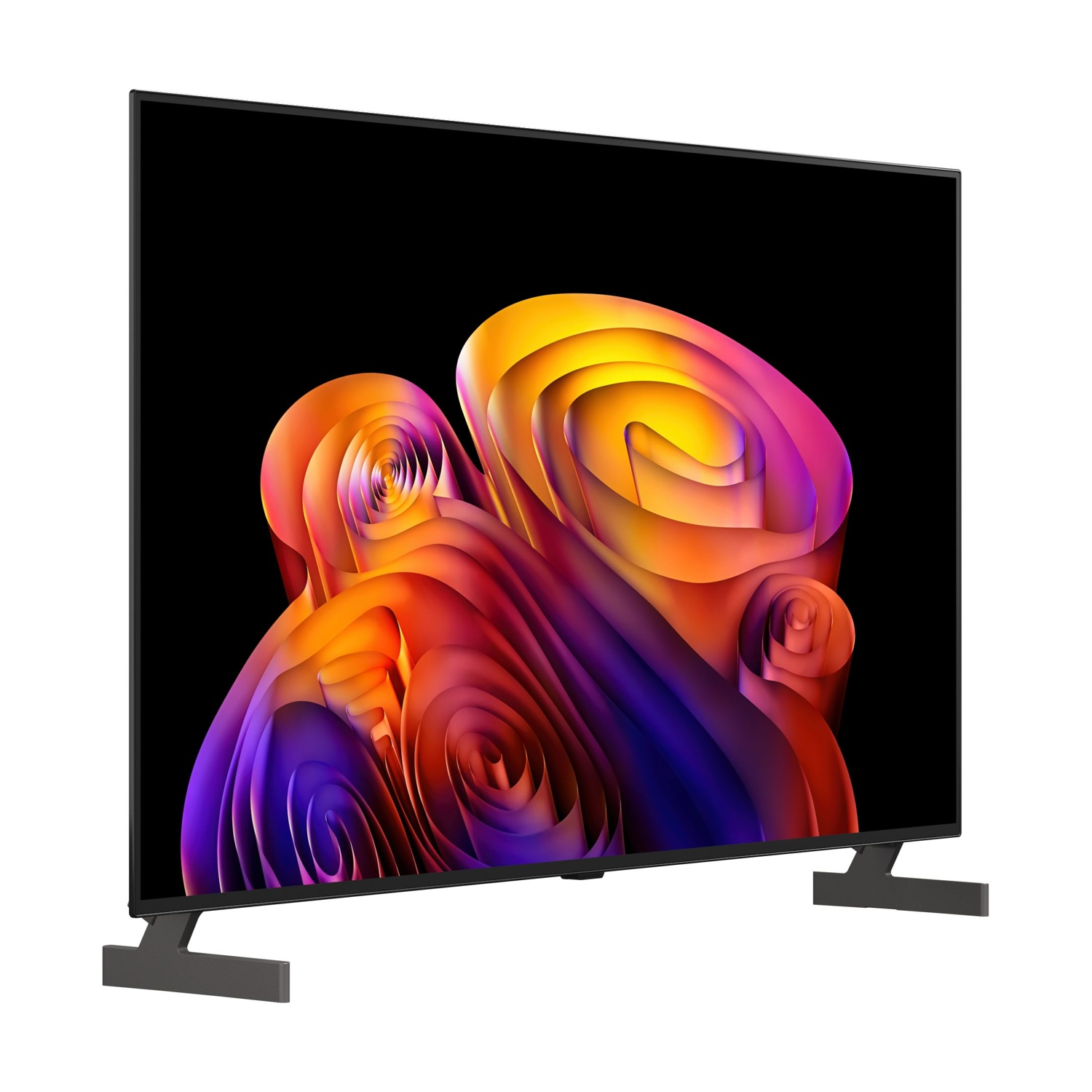 Una TV moderna con una grafica astratta e colorata su schermo nero.