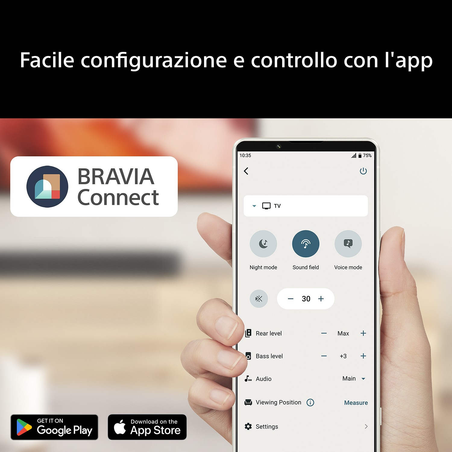 Uno smartphone mostra l'app BRAVIA Connect con impostazioni TV.