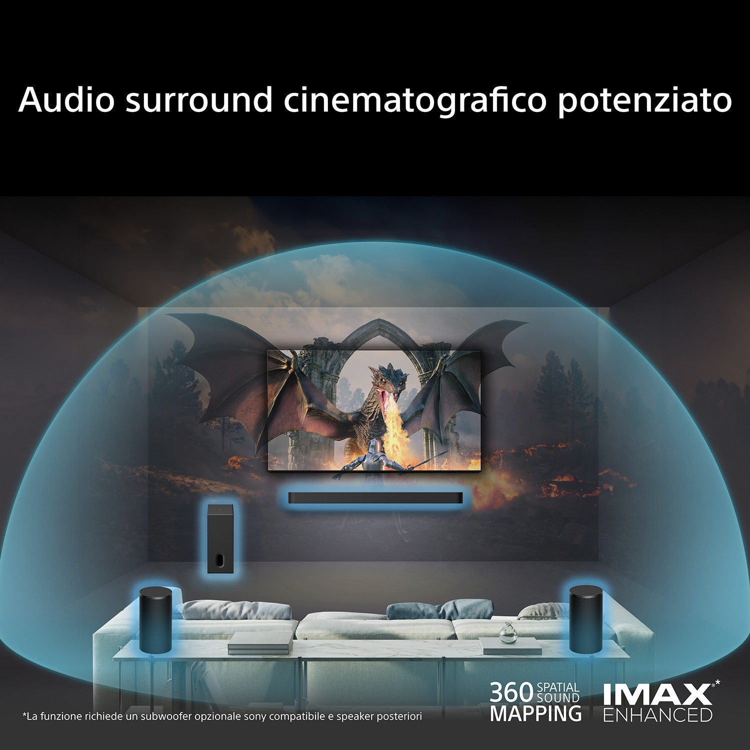 Soggiorno con TV che mostra un drago. Onde sonore blu circondano gli altoparlanti.