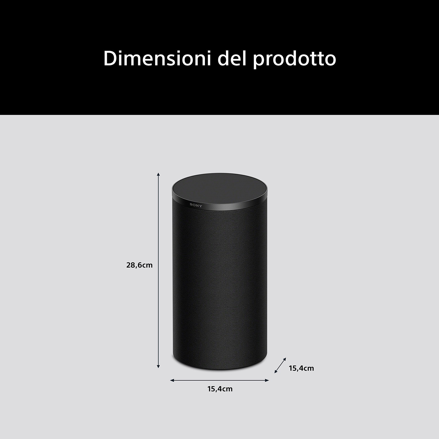 Altoparlante Sony nero, 28,6cm alto, 15,4cm diametro.