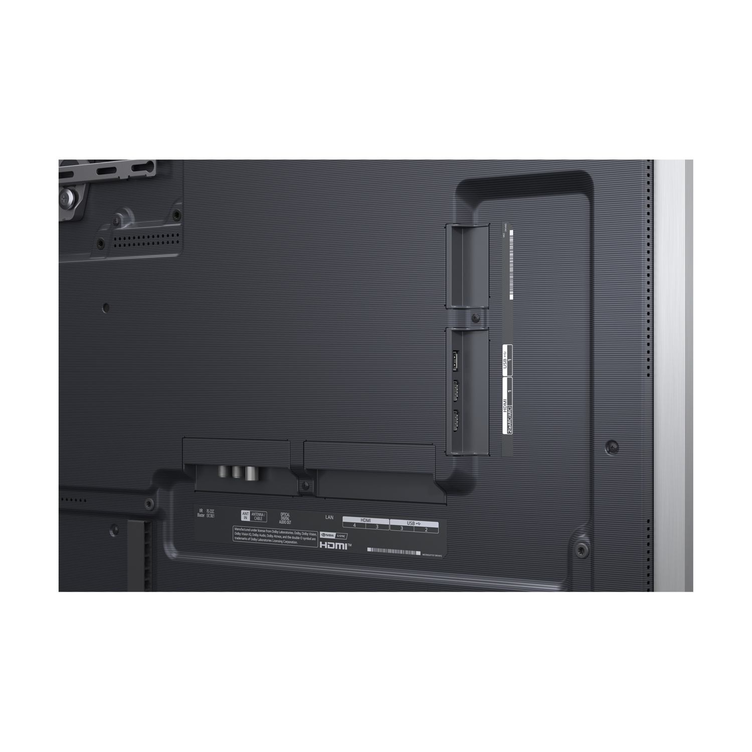 Retro di un TV con porte come HDMI, USB, LAN e antenna.