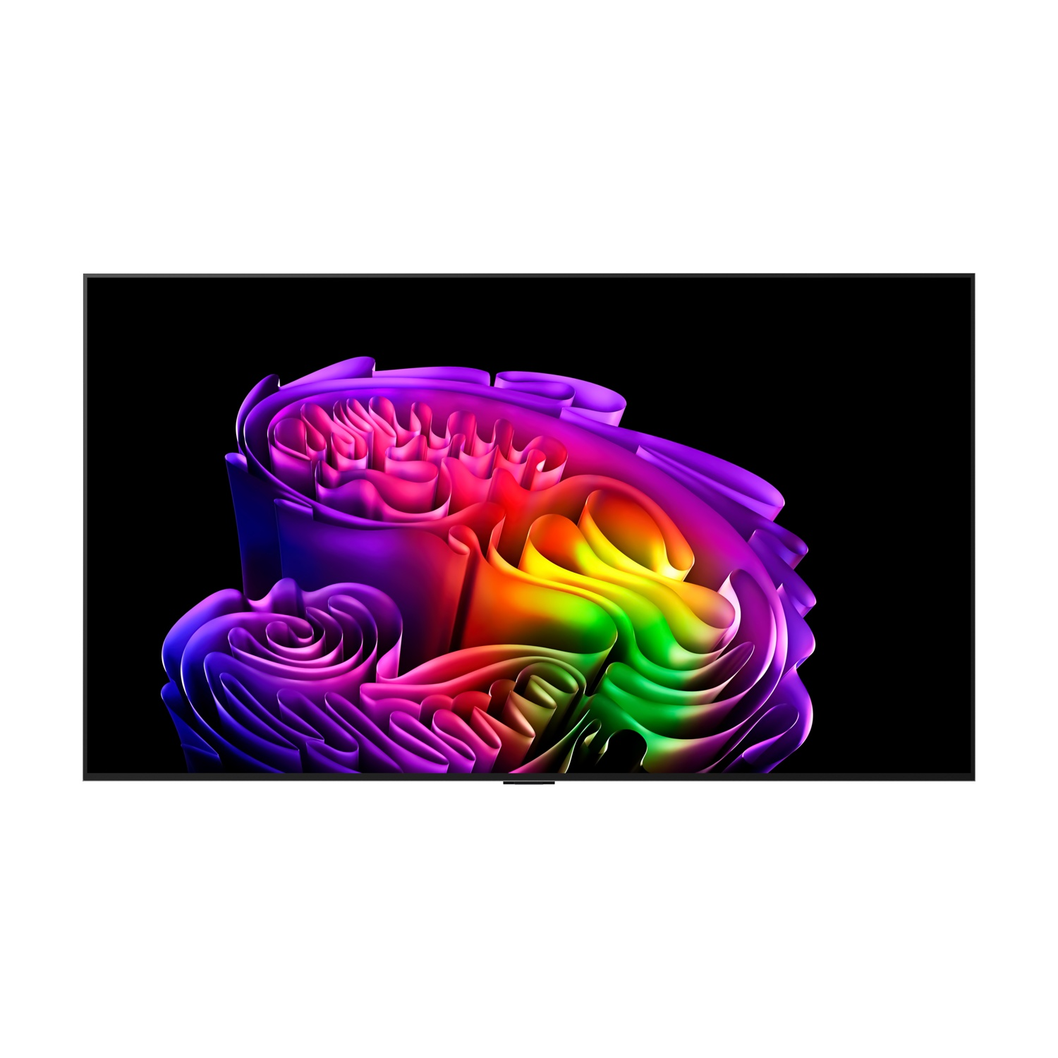 Scultura astratta con colori arcobaleno su sfondo nero.