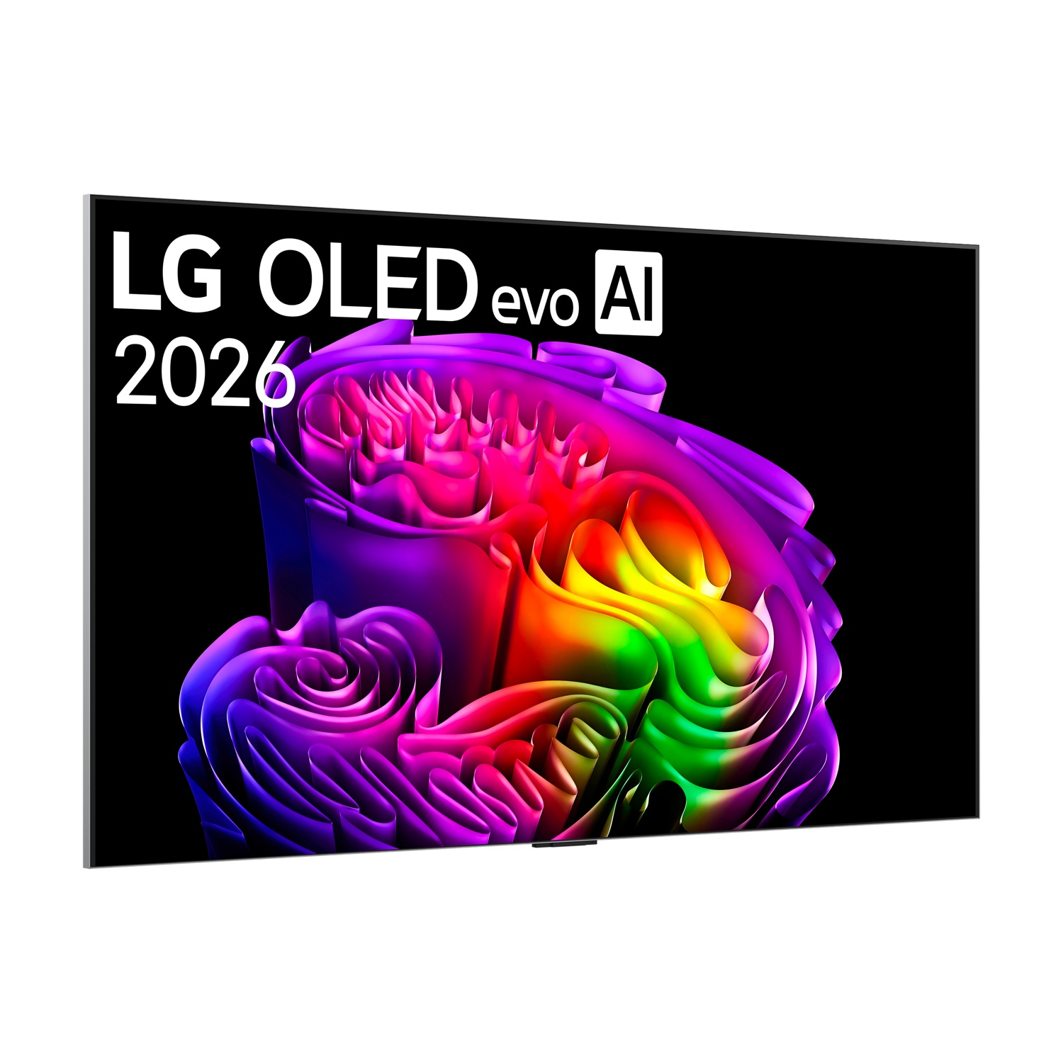 TV LG OLED evo AI 2026 con design astratto e colorato su sfondo nero.