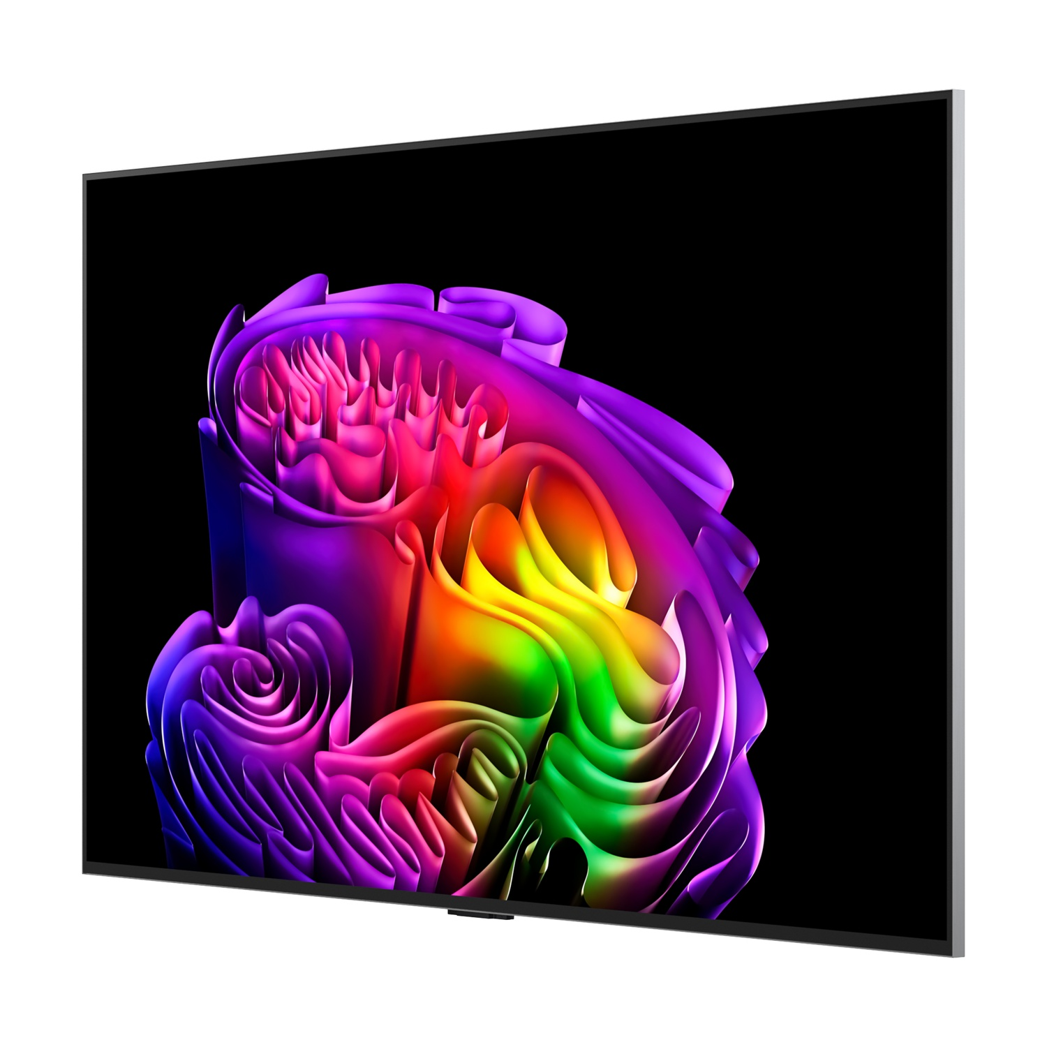 Una TV moderna che mostra un motivo astratto e colorato sul suo schermo.