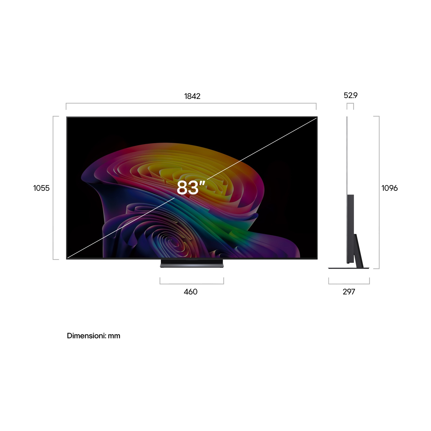 TV da 83 pollici con immagine astratta colorata e dimensioni.
