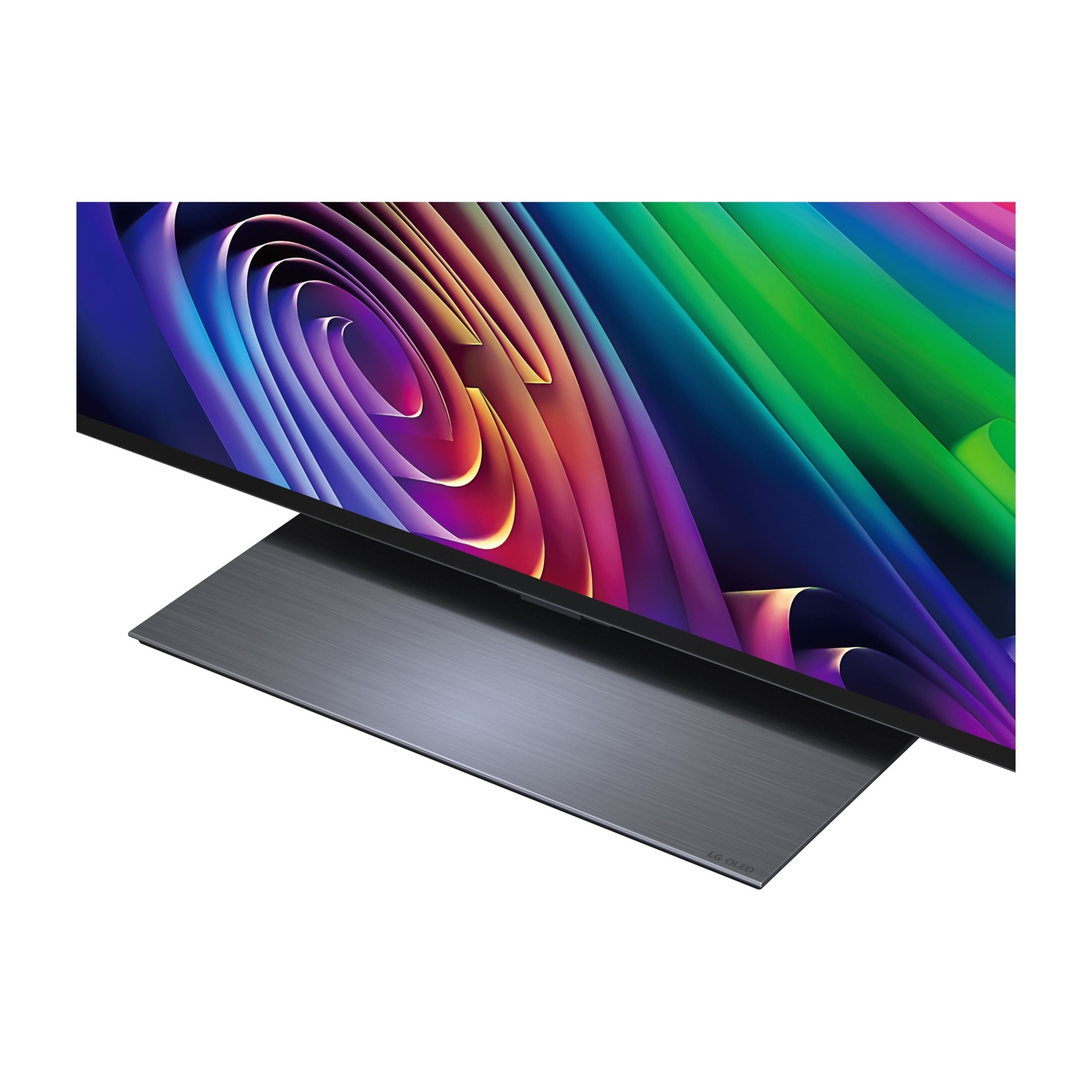 Una TV moderna con un salvaschermo astratto colorato su un supporto scuro.