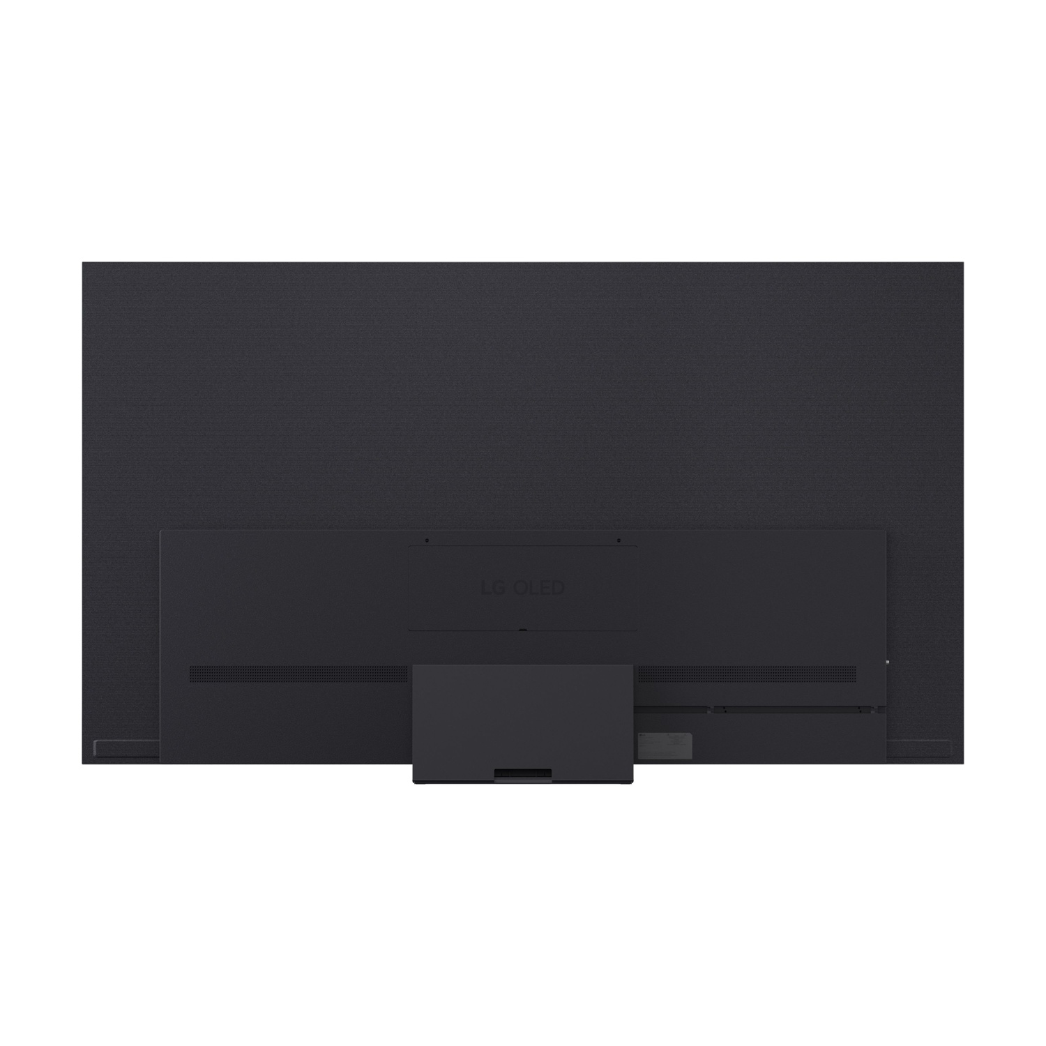 Vista posteriore di un TV LG OLED scuro con supporto e fessure di ventilazione.