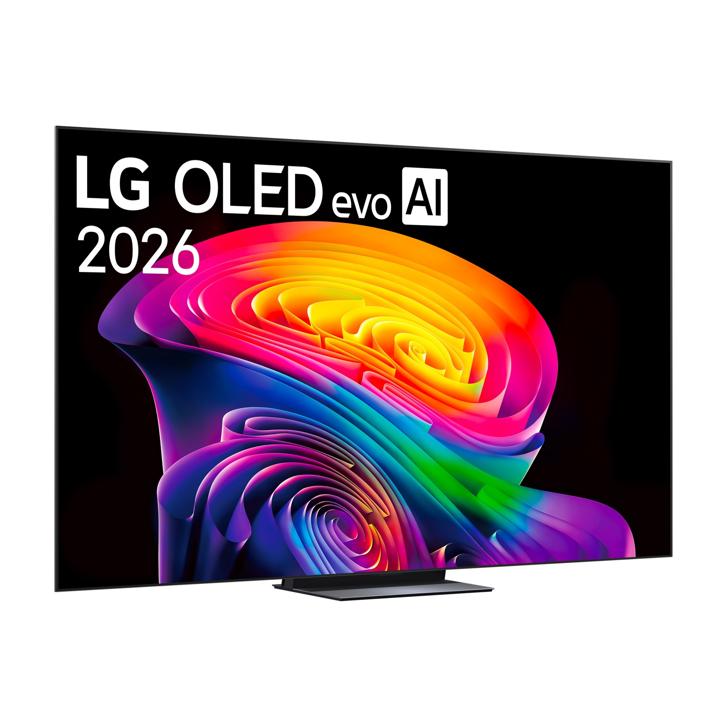 TV LG OLED evo AI 2026 con un colorato design vorticoso sullo schermo.