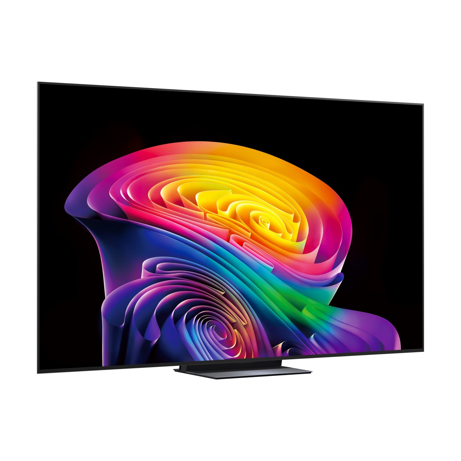 Un televisore moderno che visualizza un'immagine di sfondo astratta e colorata.