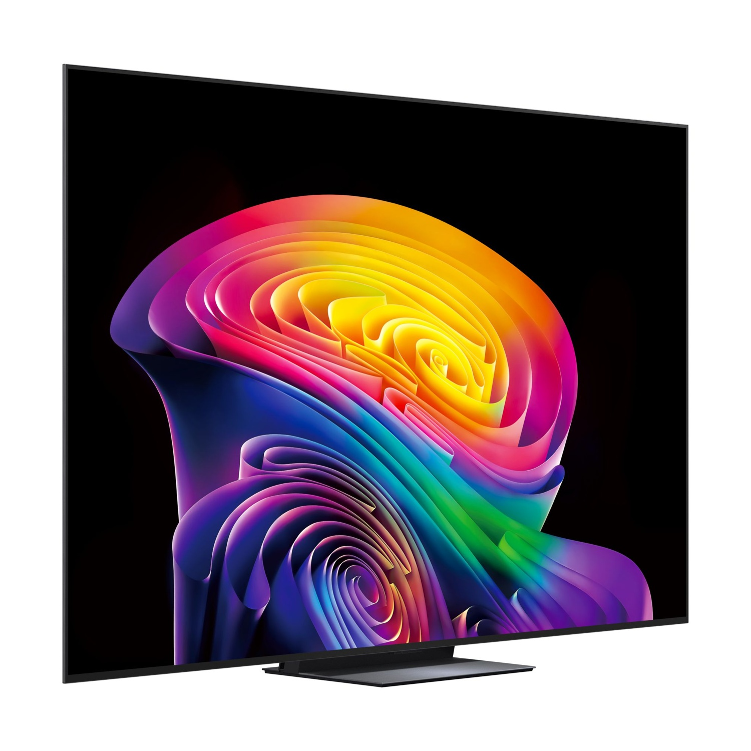 Un televisore moderno mostra un motivo astratto e colorato a spirale su sfondo nero.