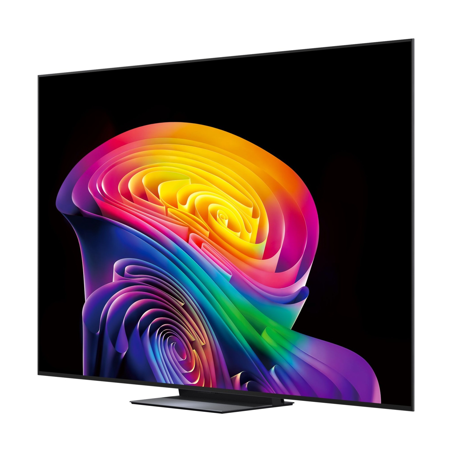 Un televisore moderno che mostra una vibrante immagine astratta arcobaleno su schermo nero.