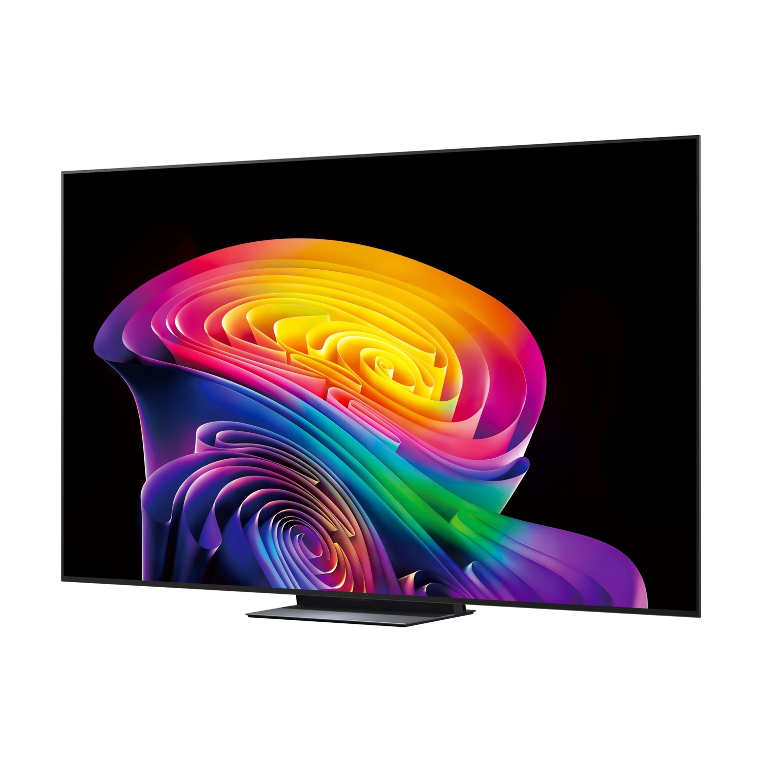 Un televisore moderno che mostra un motivo astratto a spirale colorato.