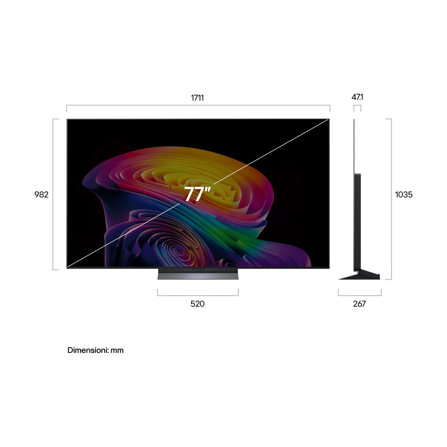 TV da 77 pollici con sfondo colorato e dimensioni mostrate.