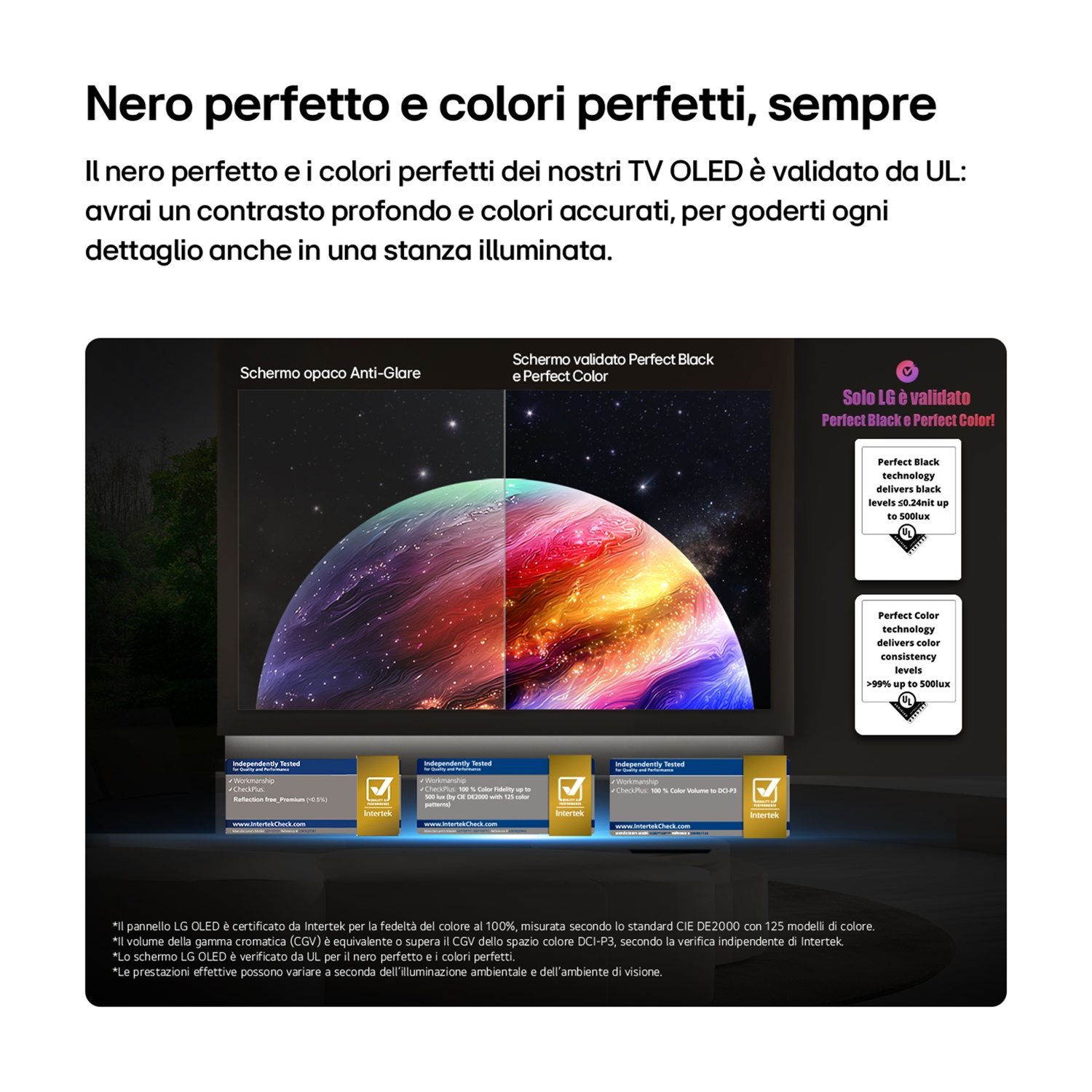 TV LG OLED con Nero Perfetto e Colori Perfetti, validato da UL.