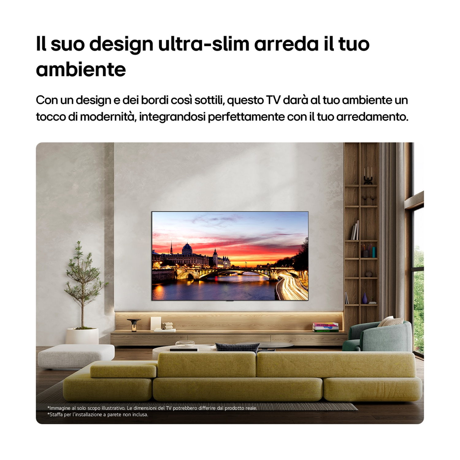 Un soggiorno con TV sottile che mostra uno skyline cittadino al tramonto.