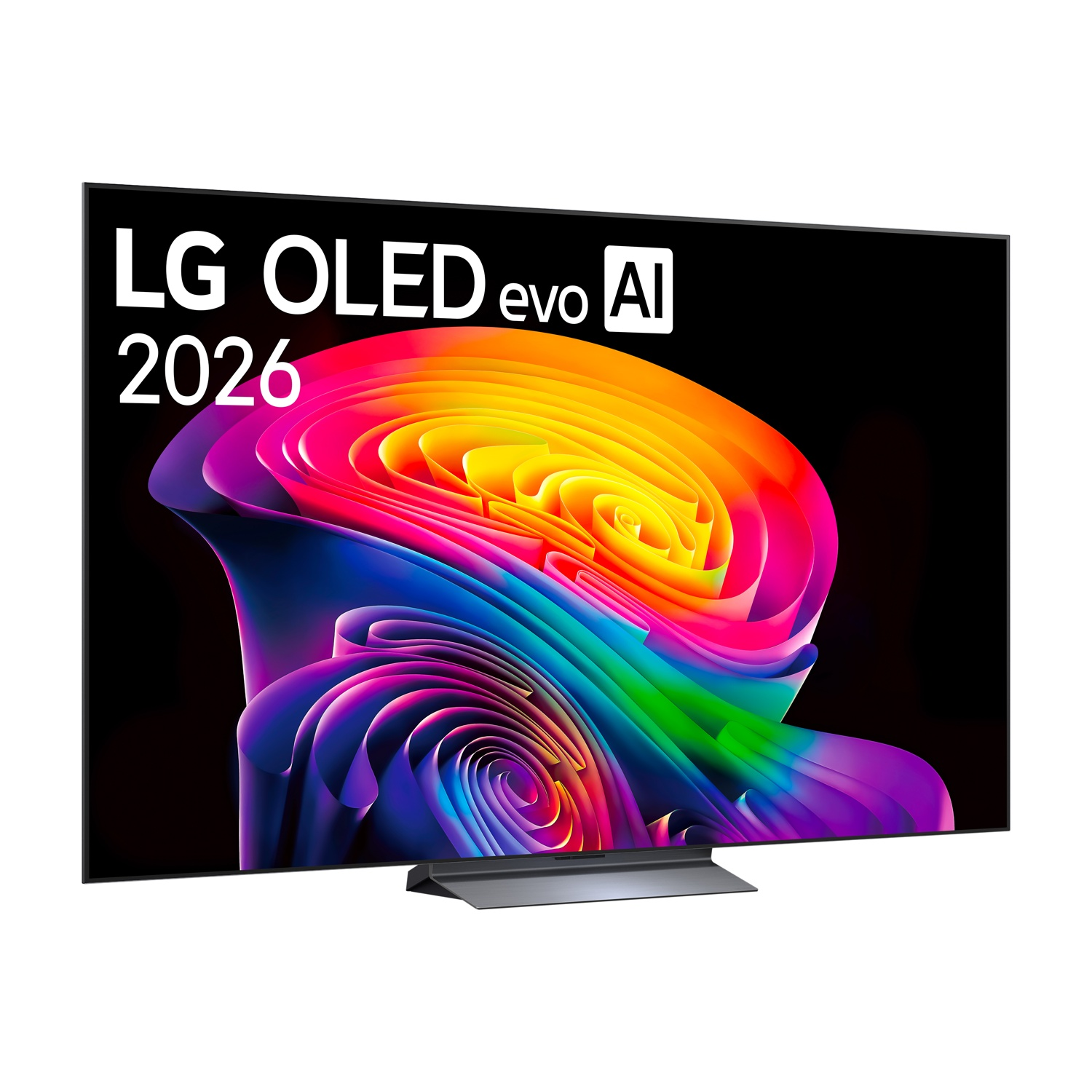 TV LG OLED evo AI 2026 con un vibrante display astratto arcobaleno.