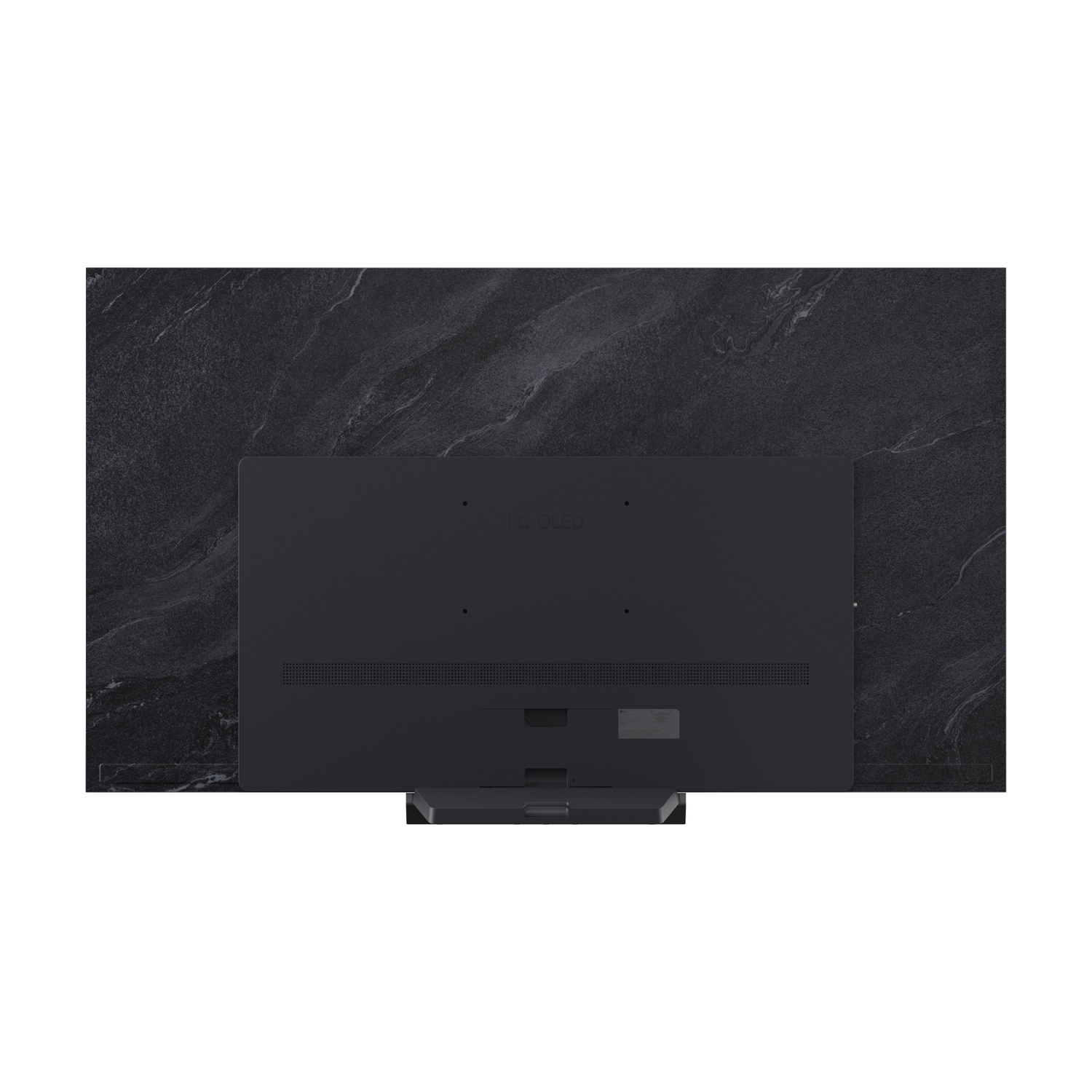 Retro di una TV LG OLED nera su un supporto in marmo.
