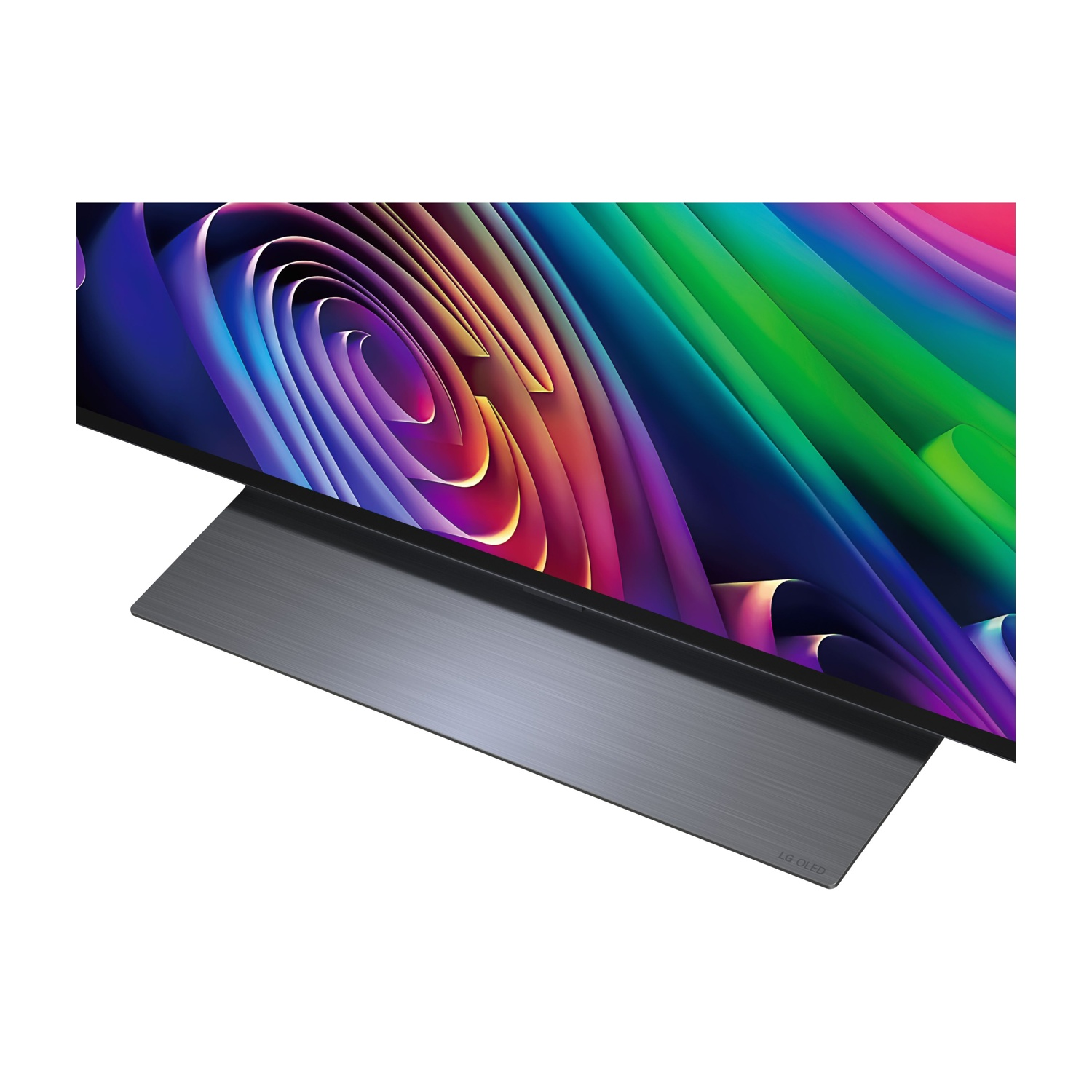 Uno schermo TV moderno mostra un motivo astratto vorticoso e colorato con un supporto in metallo scuro.