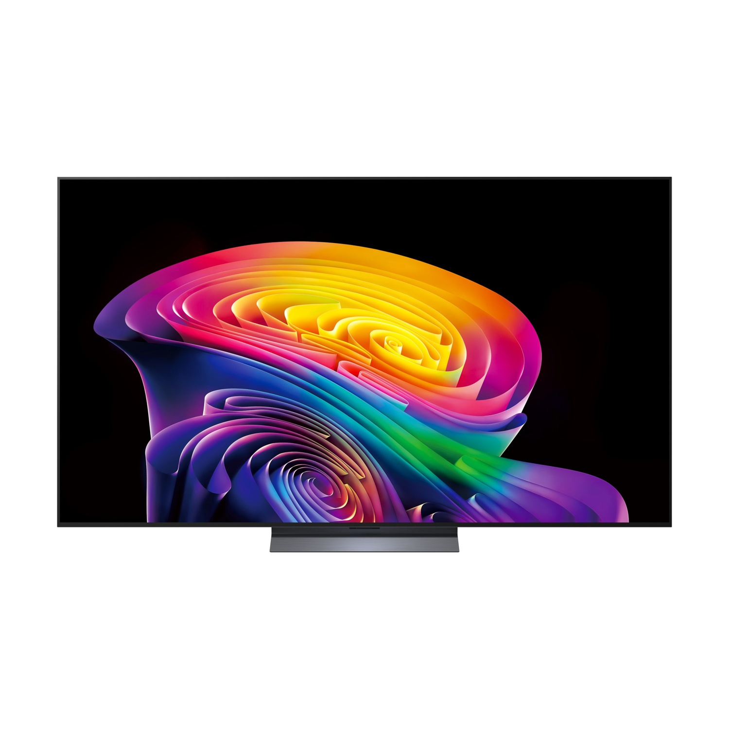 Un televisore mostra un motivo astratto color arcobaleno su sfondo nero.