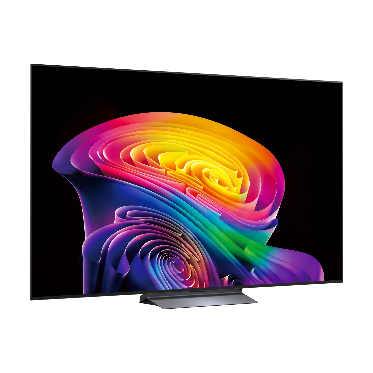 Una TV moderna che mostra un vortice astratto colorato su sfondo nero.