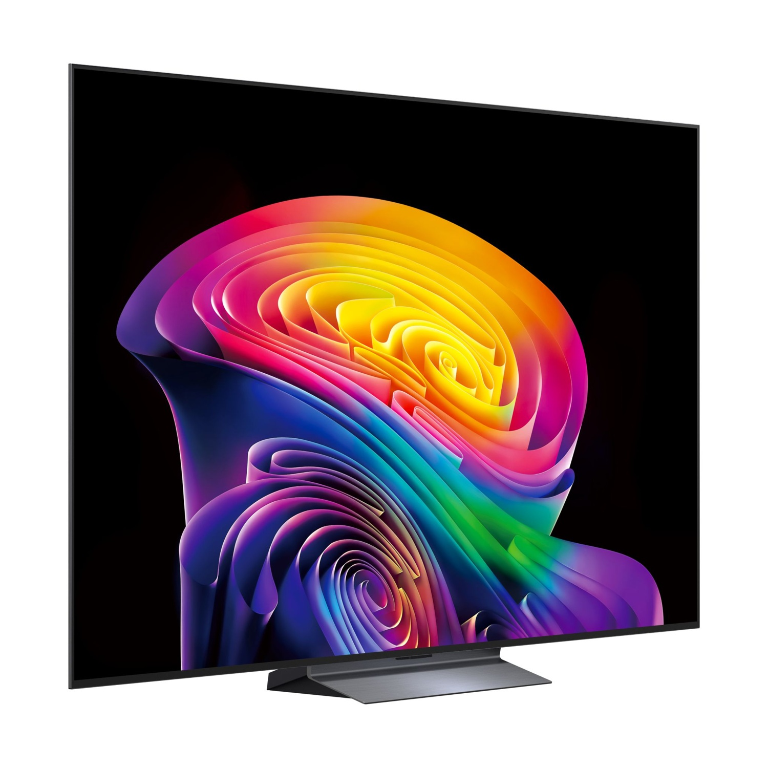 Un televisore moderno che mostra un motivo astratto vibrante e colorato sullo schermo.