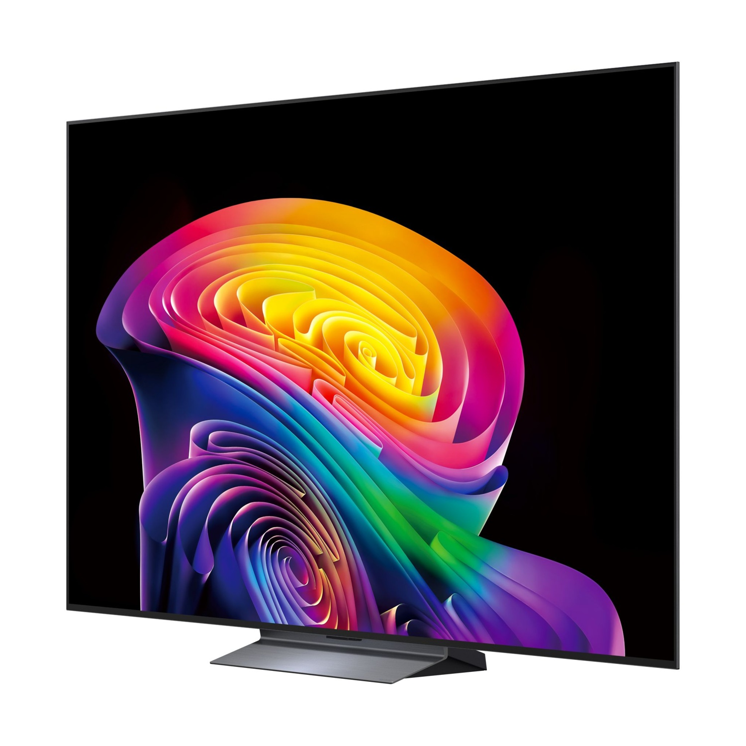 Un televisore moderno che visualizza un'immagine astratta e colorata sullo schermo.