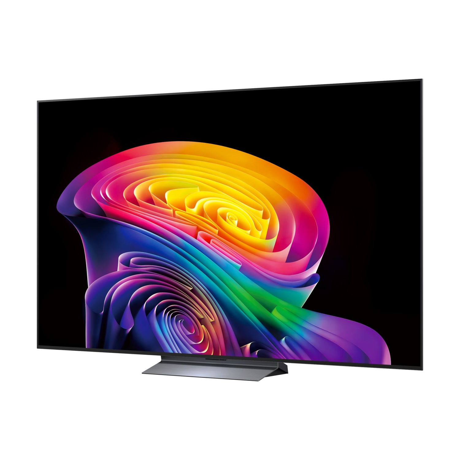 Una TV moderna mostra un vibrante motivo astratto e colorato a vortice su sfondo nero.