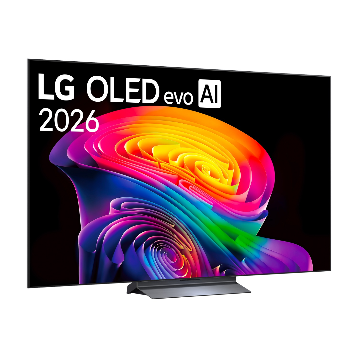 Una TV LG OLED con la scritta "LG OLED evo AI 2026" e un'immagine astratta colorata.