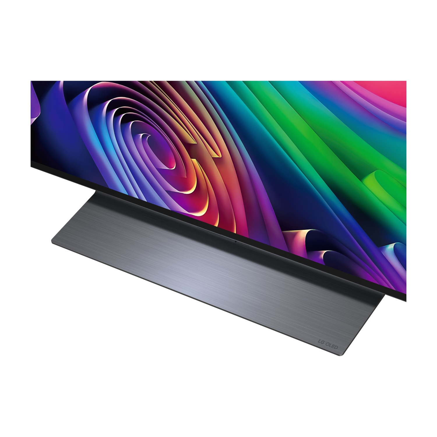 Una TV LG OLED con grafica astratta e colorata sullo schermo e un supporto grigio.