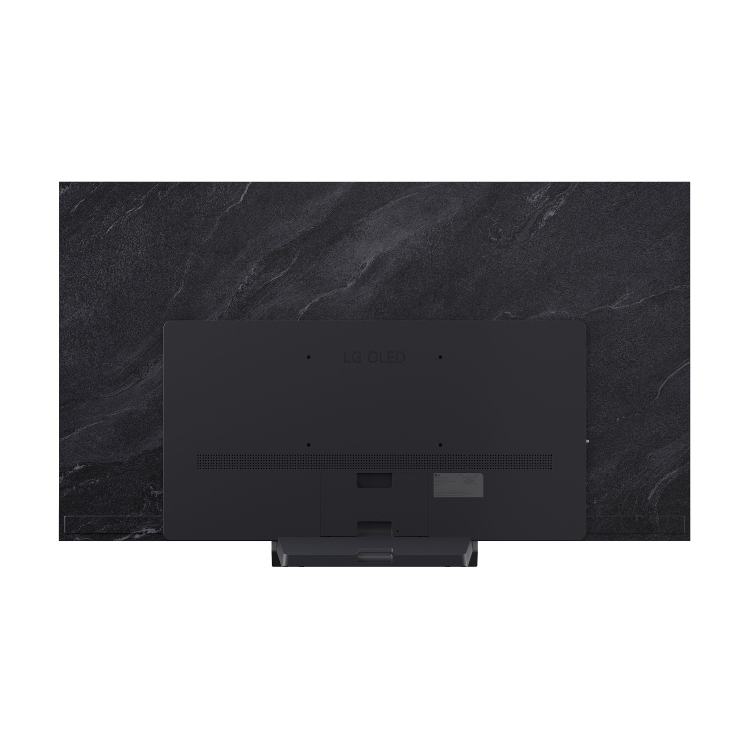 Vista posteriore di una TV LG OLED nera su sfondo scuro marmorizzato.