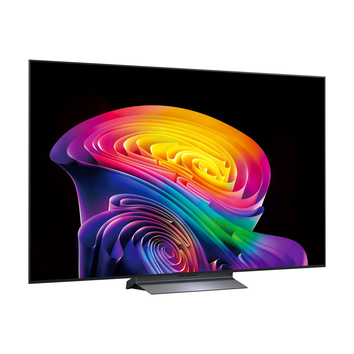 Una TV a schermo piatto mostra un'immagine astratta vibrante e vorticosa di nastri colorati su sfondo nero.