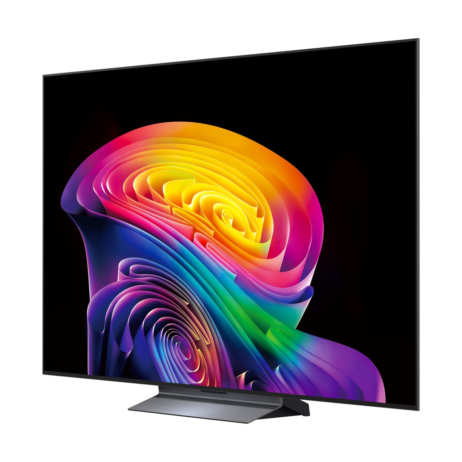 Un televisore moderno che mostra un motivo colorato e vorticoso sul suo schermo.
