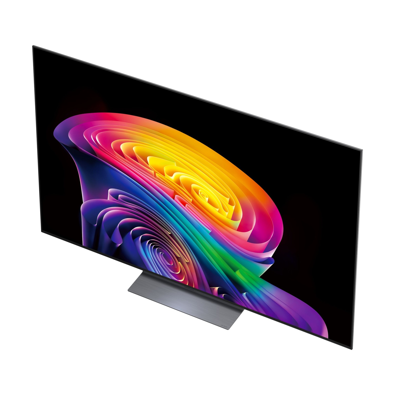 Un televisore moderno che visualizza un'immagine astratta e colorata sullo schermo.