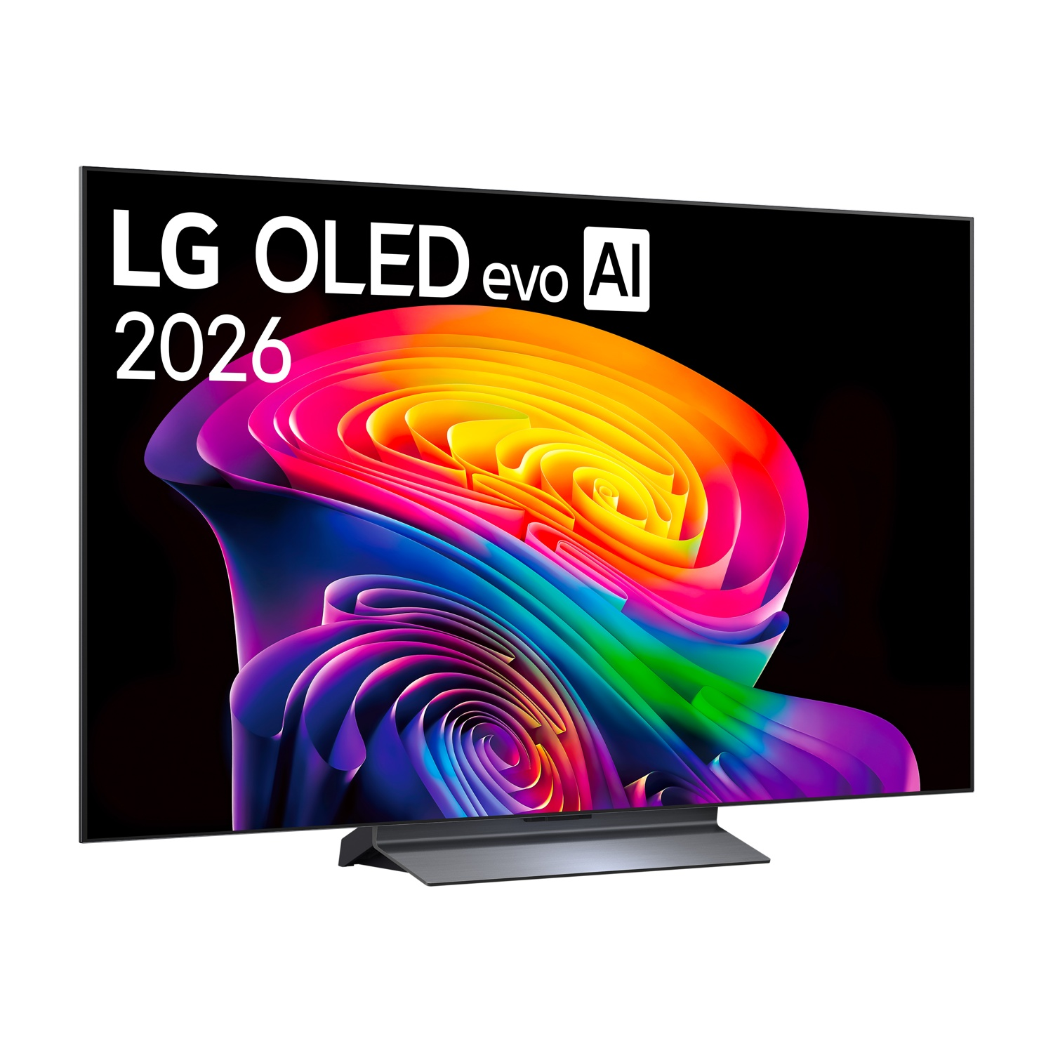 TV LG OLED 2026 con vibrante schermo a vortice arcobaleno e supporto moderno.