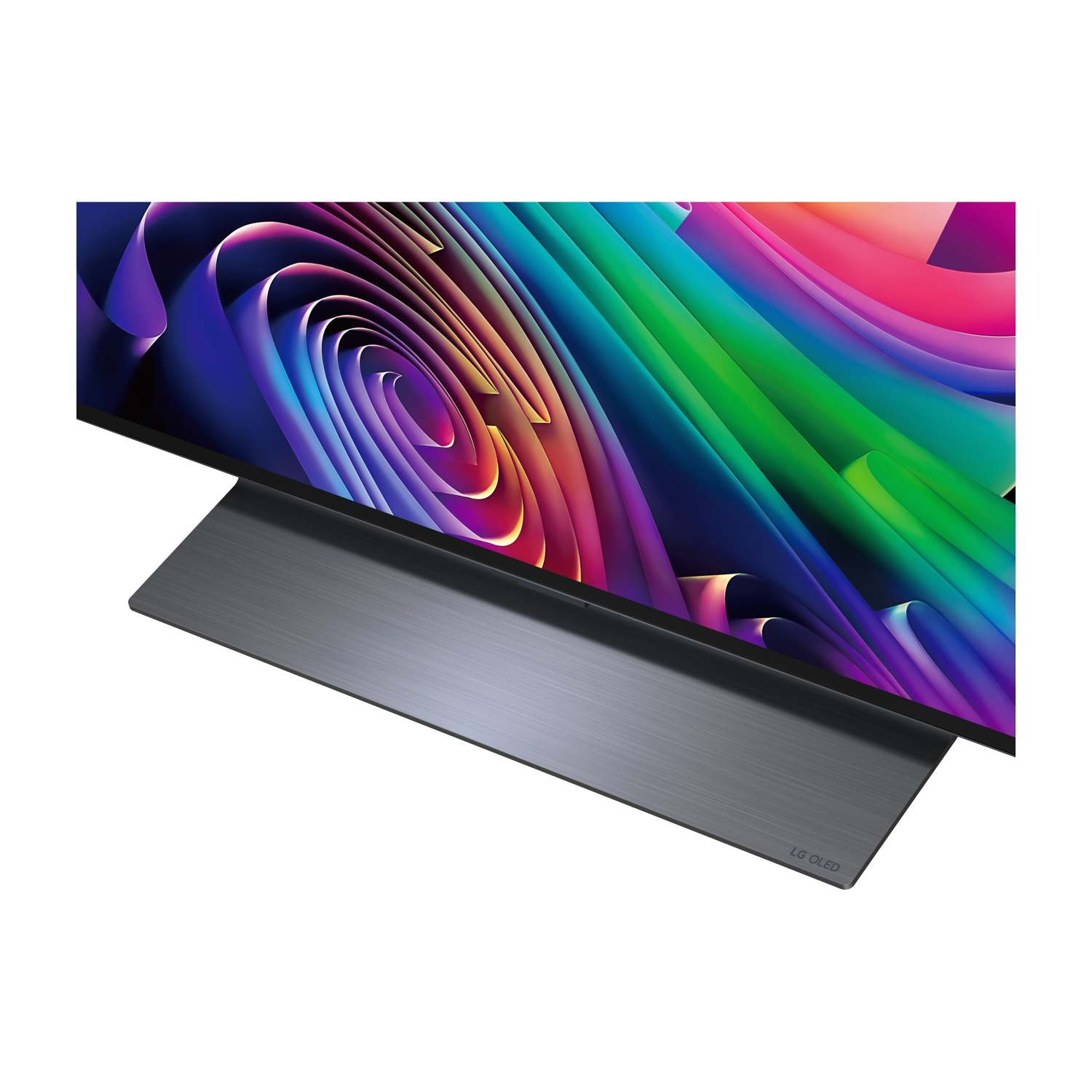 Una TV LG OLED mostra uno sfondo astratto colorato con un supporto scuro.