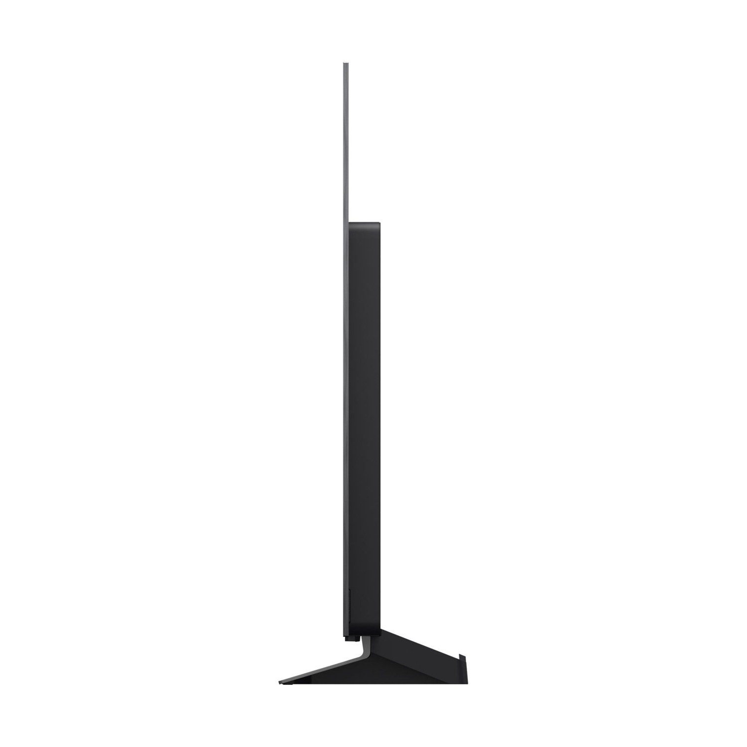 Vista laterale di un televisore nero sottile con un supporto stretto.