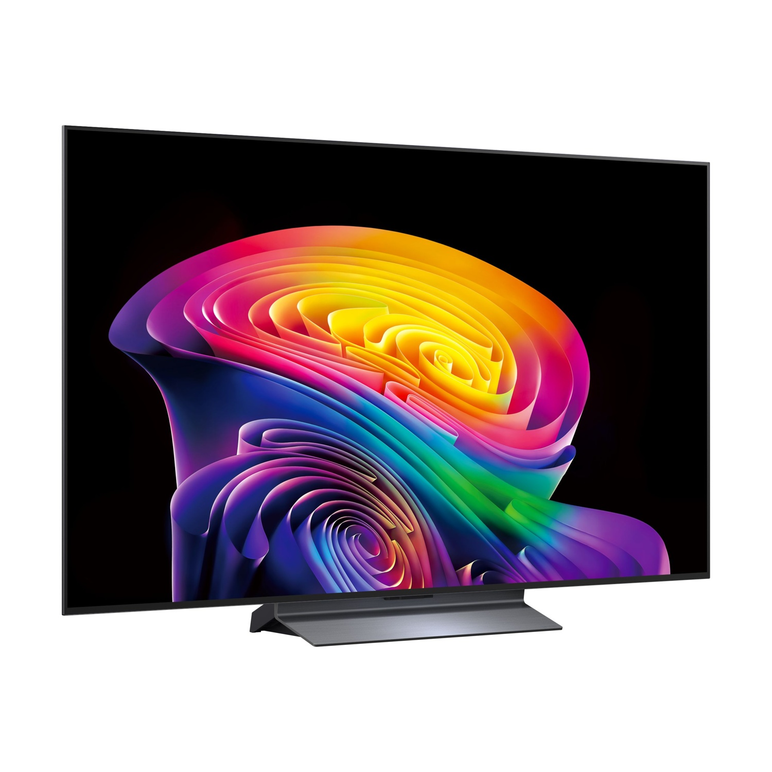 Una TV moderna con un motivo colorato e vorticoso sullo schermo, con un supporto elegante.