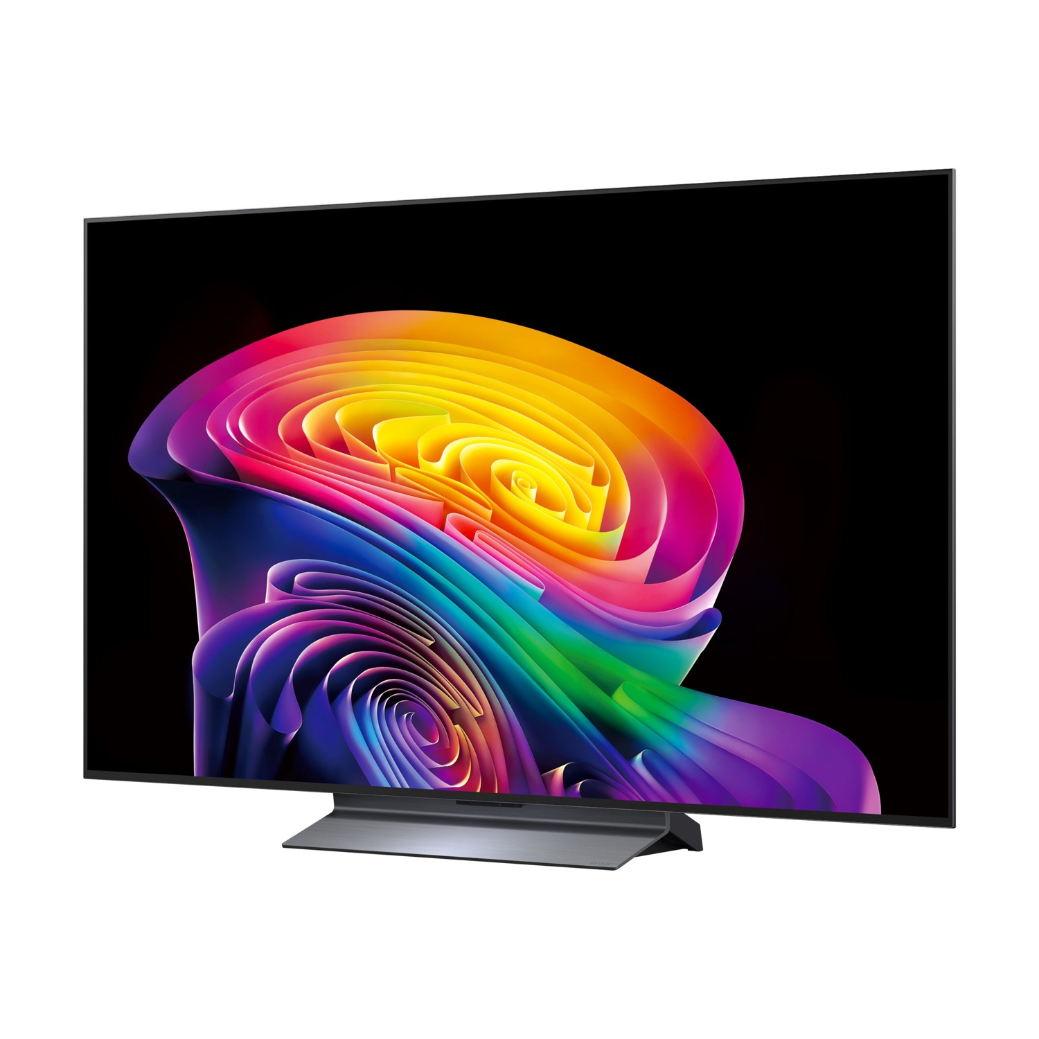 Un televisore moderno che visualizza un motivo astratto e colorato sullo schermo.