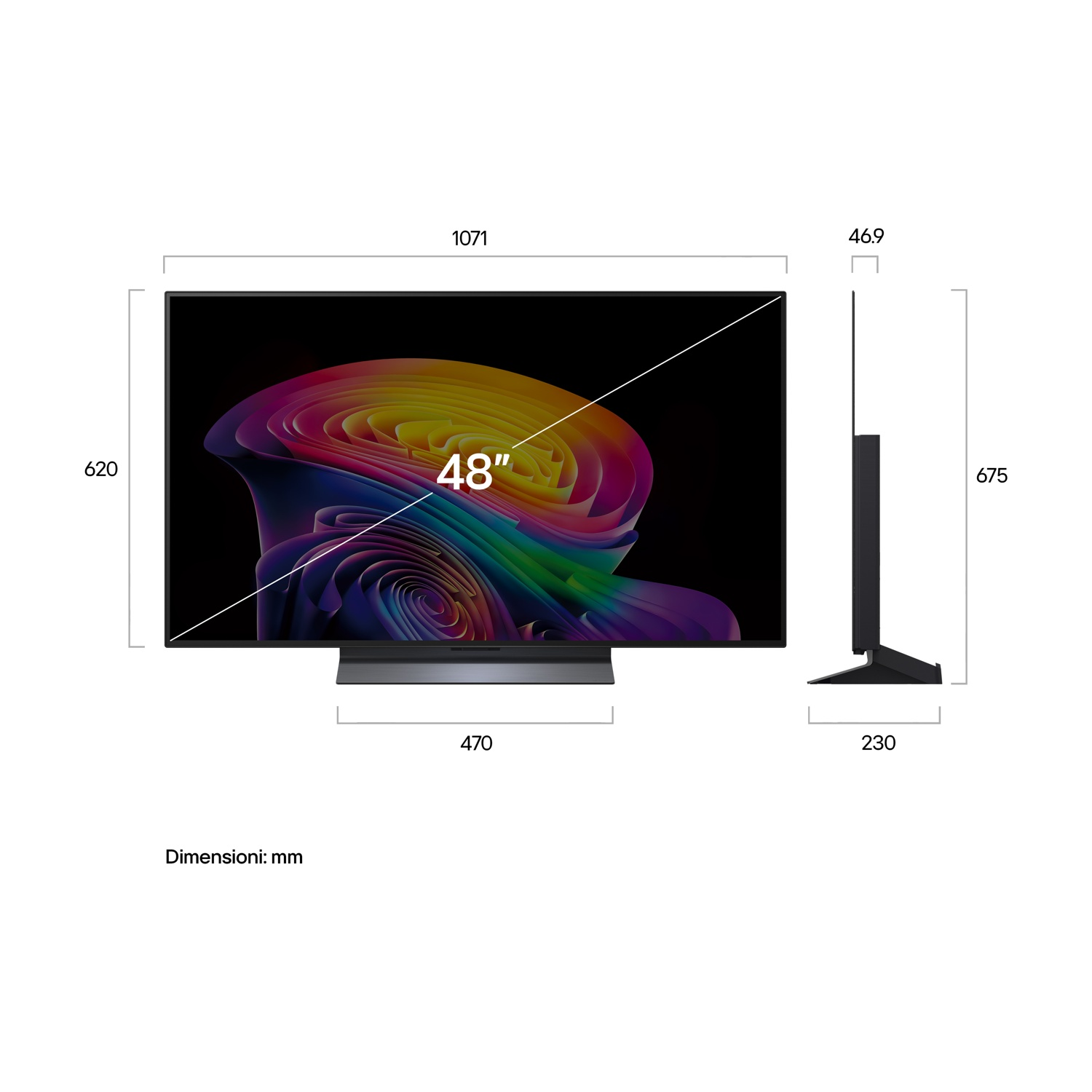 Un TV da 48 pollici con sfondo colorato e dimensioni indicate.