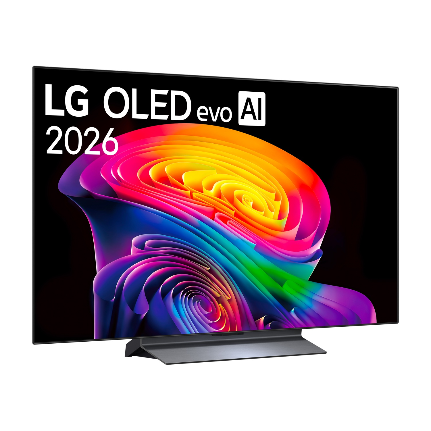 Un TV LG OLED evo AI con immagine astratta colorata e l'anno 2026.