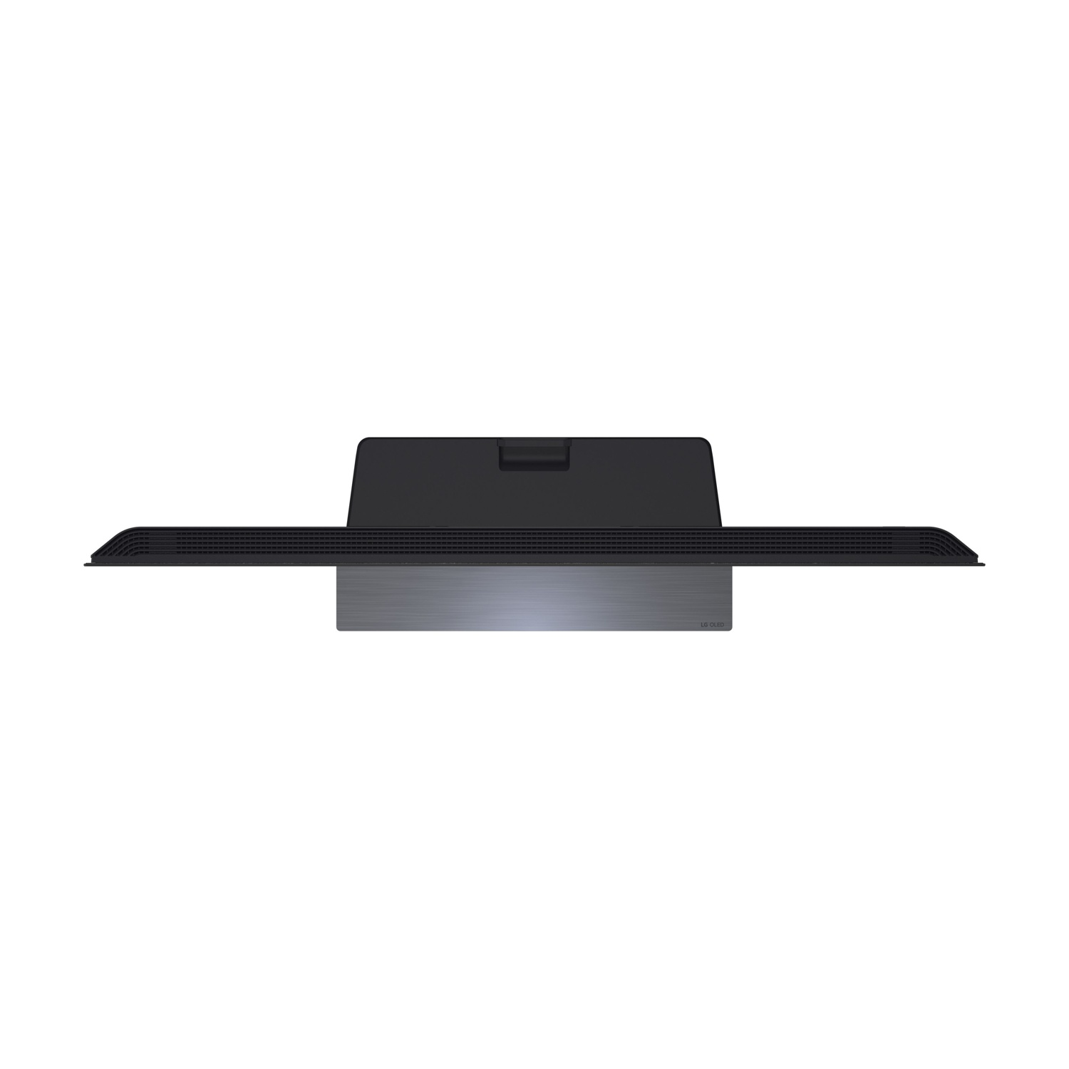 Vista dall'alto di un'elegante TV LG OLED nera con supporto argento spazzolato.