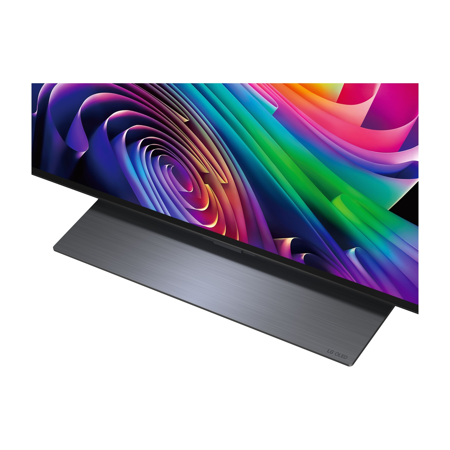 Un moderno televisore con un'immagine astratta colorata sullo schermo e un supporto scuro.