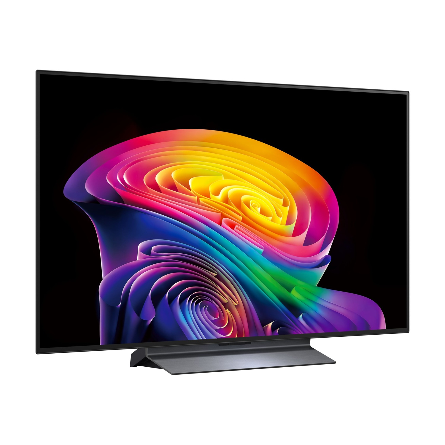 Un televisore moderno con un'immagine astratta colorata su sfondo nero e un elegante supporto.
