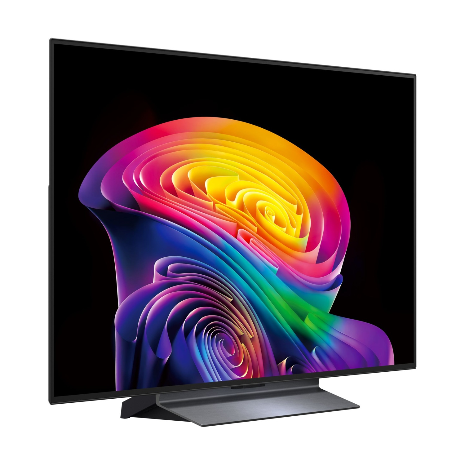 Una TV moderna con uno screensaver astratto e colorato su sfondo nero.