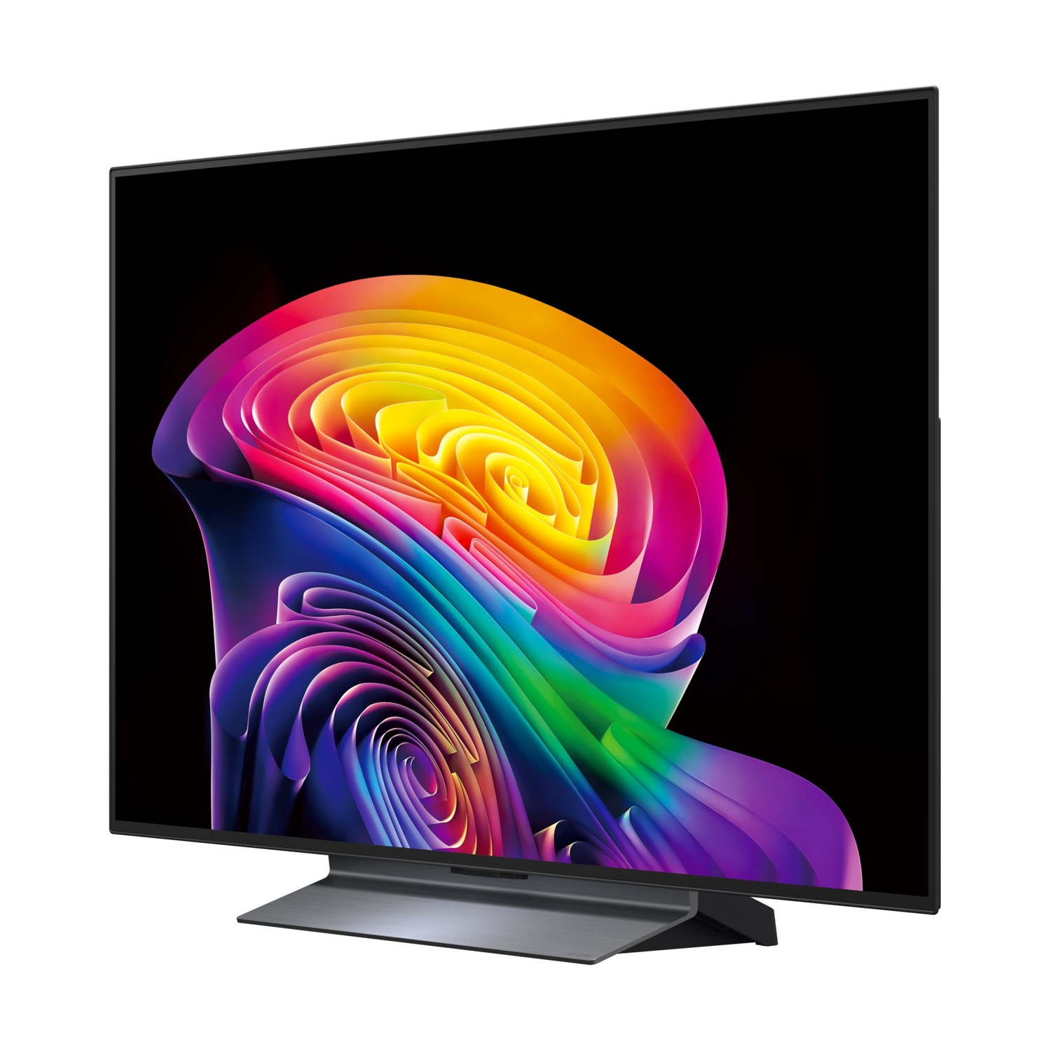 Un televisore moderno che mostra un screensaver astratto e colorato.