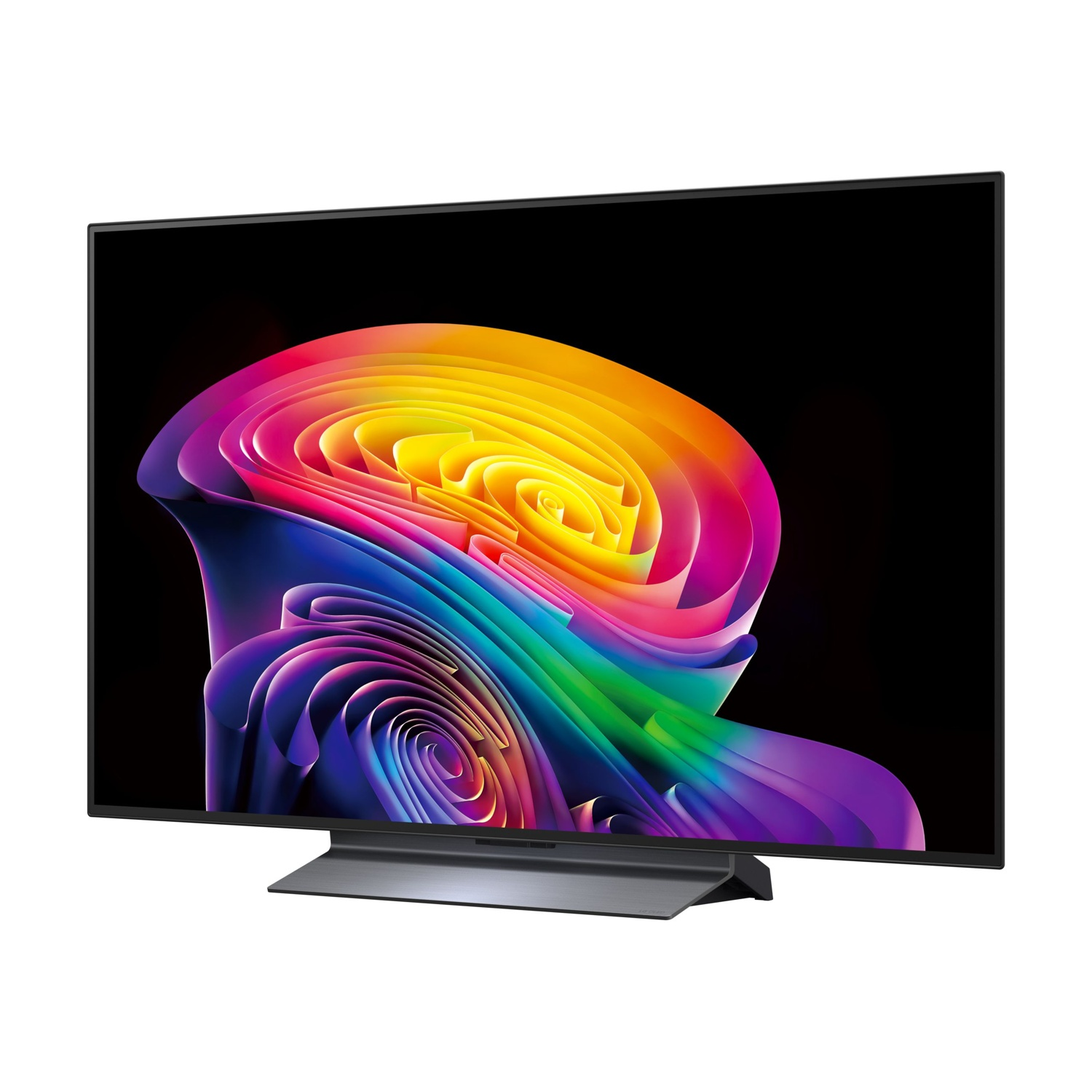 Un moderno televisore che mostra un motivo astratto e colorato sullo schermo.