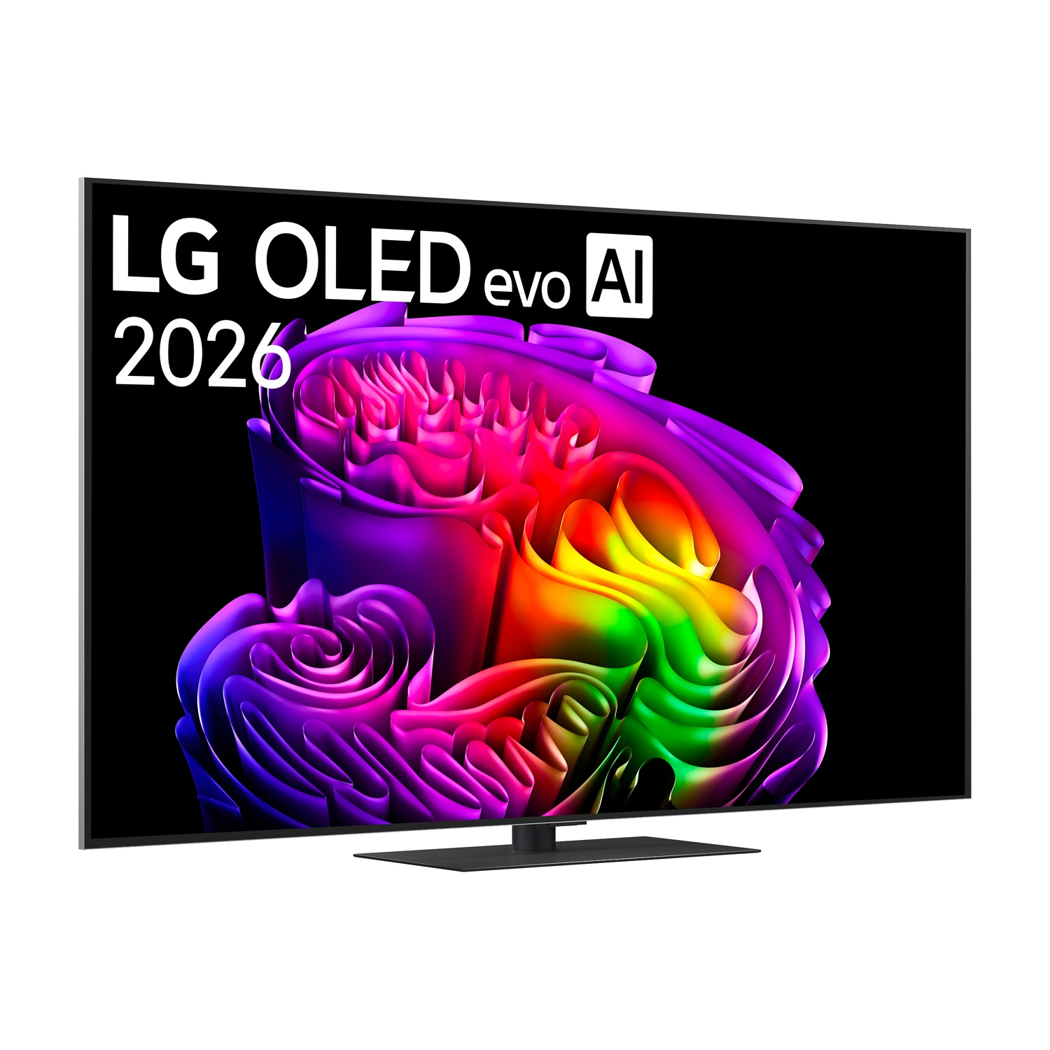 Un TV LG OLED evo AI che mostra l'anno 2026 e un'immagine colorata.