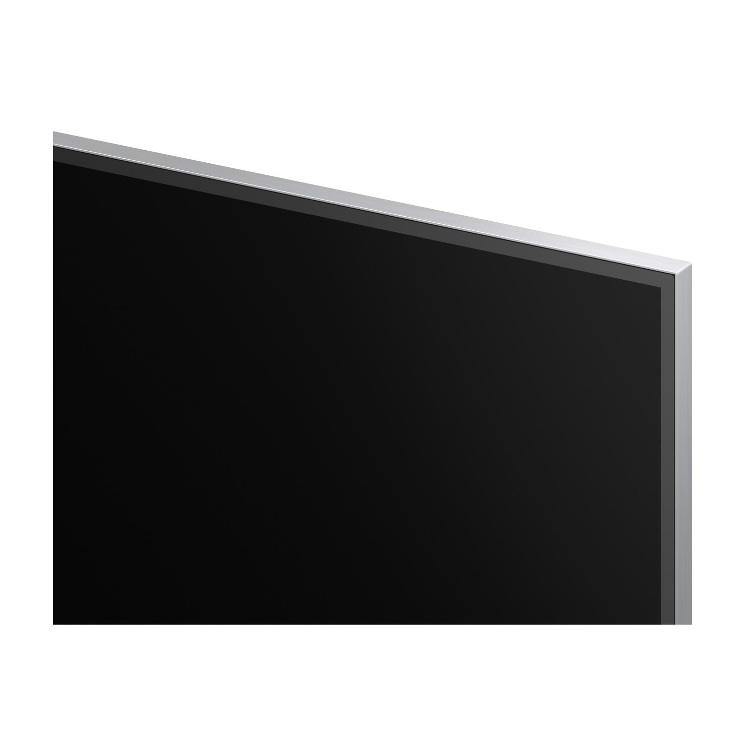 Primo piano di una superficie dello schermo TV nero con cornice argentata.
